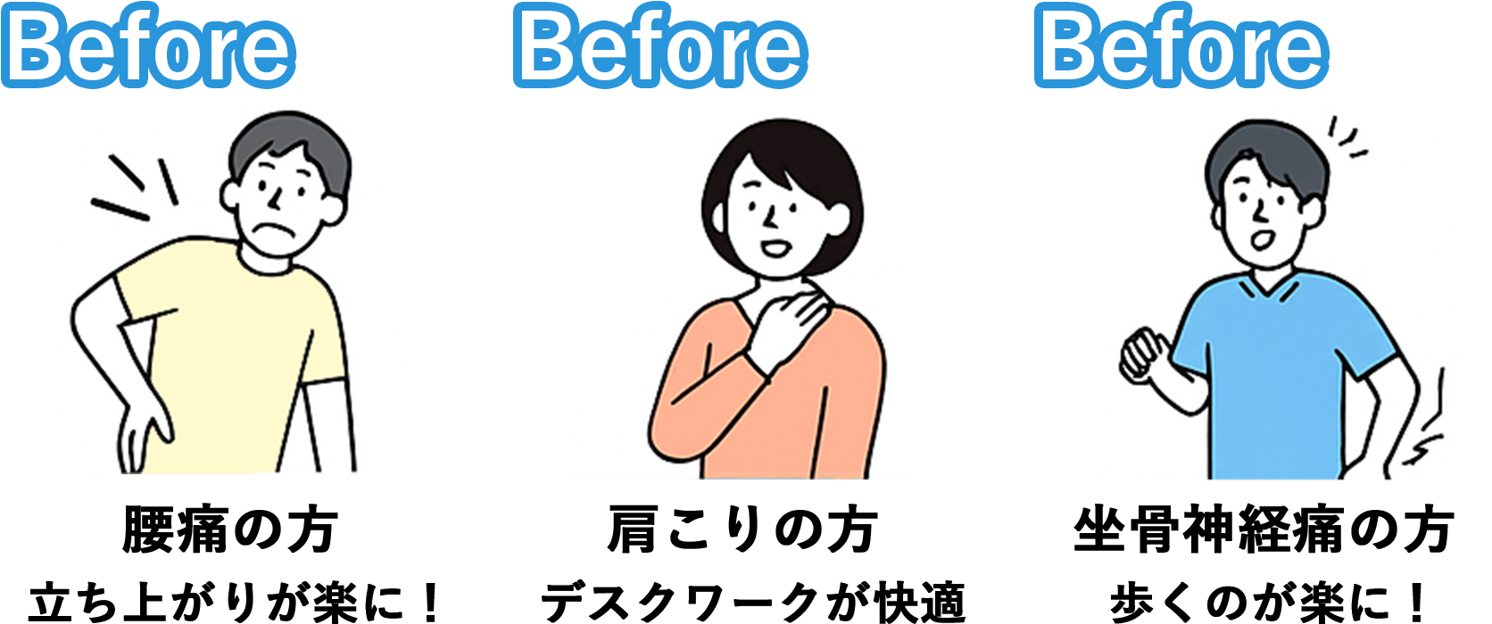 腰痛の方、立ち上がりが楽に！　肩こりの方、デスクワークが快適　坐骨神経痛の方、歩くのが楽に！
