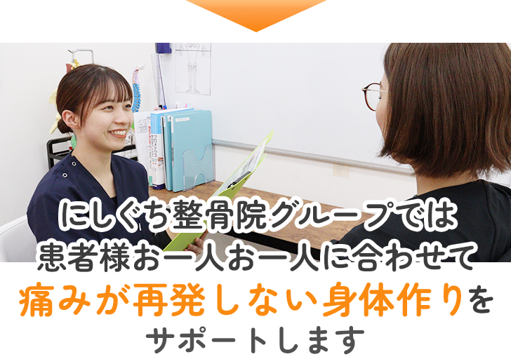 にしぐち整骨院グループでは患者様お一人お一人に合わせて痛みが再発しない身体作りサポートします！